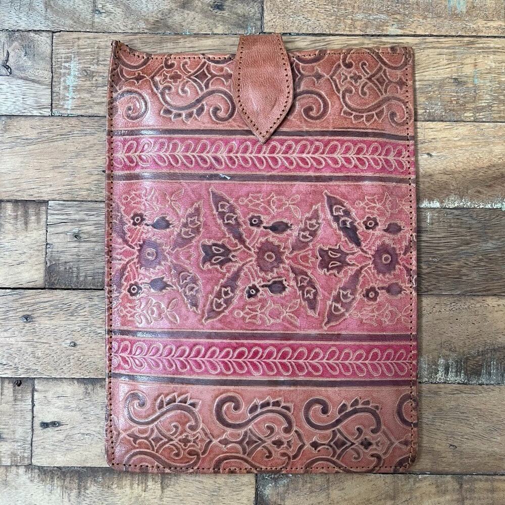 Handmade Leather Clutch 6.5" x 9" Intricate Embossed Floral Snap Button Close